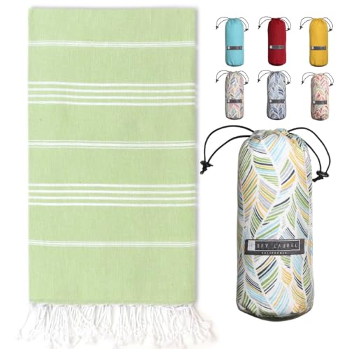 BAY LAUREL Turkish Beach Towel with Travel Bag 39 x 71 Quick Dry Sand Free Lightweight Large Oversized Towels Light - color: Pistachio Green With Floral Bag