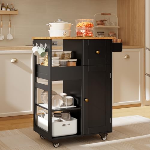 Gizoon Kitchen Island Cart on Wheels, with Thickened Wooden Countertop, Rolling Serving Utility Cart with Drawers and Doors, Bar Cart with Adjustable Shelf and Removable Tray for Dining Room, Black - color: Black & Tabletop-oak Color