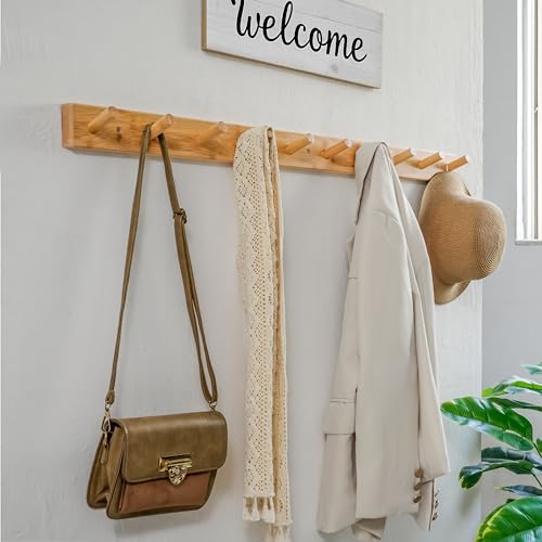 WEBI Coat Rack Wall Mounted,10 Hooks,38" Long Coat Hanger Wall Mount,Peg Rail Hat Hooks for Hanging Caps,Jacket,Clothes,Coats,Natural - color: Natural, size: 38 inch