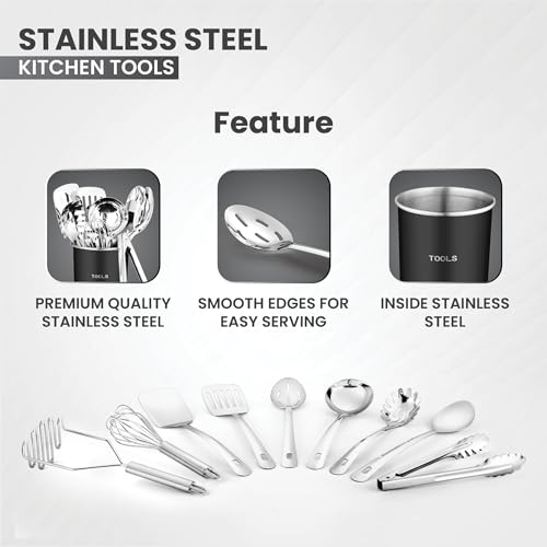Avador® Premium Set of 10 Stainless Steel (BLACK HOLDER) Kitchen Tool Set with Holder Easy To Clean, Space Saving, Great for Cooking, Baking, Prepping (BLACK) - color: Black