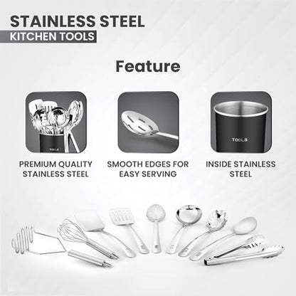 Avador® Premium Set of 10 Stainless Steel (BLACK HOLDER) Kitchen Tool Set with Holder Easy To Clean, Space Saving, Great for Cooking, Baking, Prepping (BLACK) - color: Black