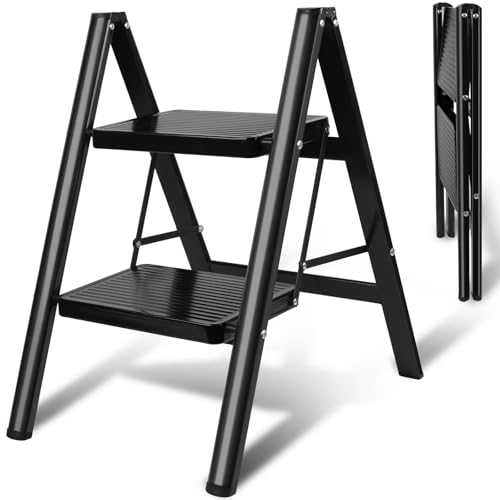 Upgraded 2 Step Ladder, 330 lbs Folding Aluminum Step Stool with Wide Anti-Slip Pedals, Lightweight & Portable Ladder for Kitchen, Closet, Office, Home Use - Black