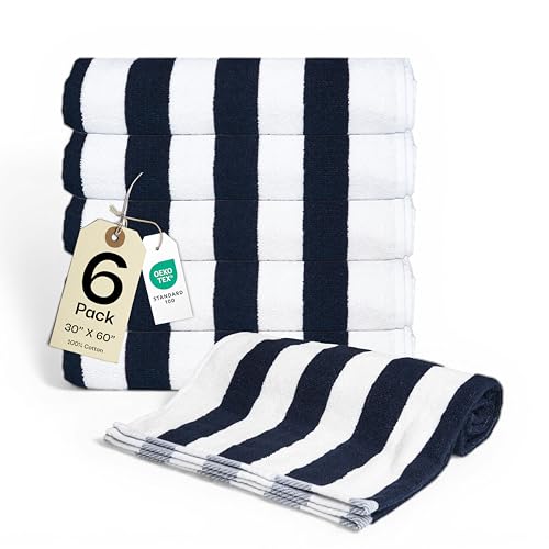 Salt Earth Cotton Striped Beach Cabana Towel, 6 Pack - 30"x60" Quick Dry Towels, Pool Essentials, Travel, Gym & Bathroom Towels, Oversized Beach Vacation Essentials, Navy Blue - color: Navy Blue-1, size: Pack of 6