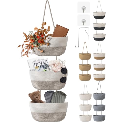 3 Tier Wall Mounted Woven Hanging Basket, Over the Door Hanging Basket with Hooks, Decorative Storage Hanging Closet Removable, Large Wall Basket for Bedroom, Kitchen, RV (White & Camel) - color: White & Camel