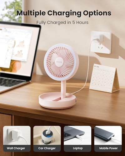 Gaiatop Foldable Small Desk Fan, 6000mAh Battery Powered Portable Fan with LED Night Light, USB Rechargeable, Bedroom Office Dorm Travel Camping Essentials, Cruise Gifts for Women Girls Mom, Pink - color: Pink