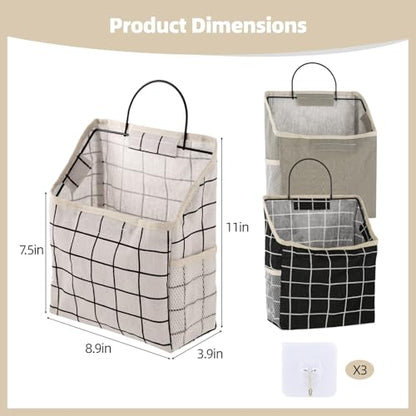 OMISTAR 3 Pcs Fabric Wall Hanging Storage Caddy Bag, Small Wall Mount Bedroom Organizer, 8.9 x 3.9 x 7.5 in Organizer Storage Bag, with Adhesive Hooks, Grey Black White Plaid