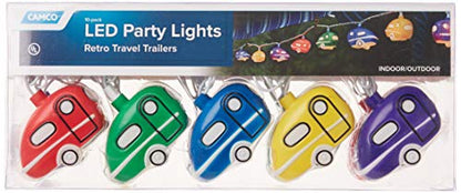 Camco Retro Travel Trailer Party Lights - Features an 8' Strand with (10) Travel Trailer Lights - Camping String Lights - Perfect for RV Awnings and Campsite Décor (42655)