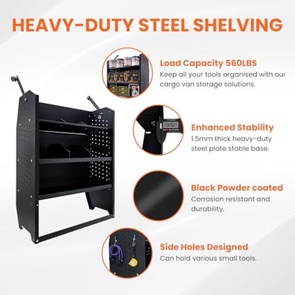 Black Steel Cargo Van Shelving Storage System Adjustable Height Fit for Ford Transit Connect 2014+, Ram Promaster City, Chevy City Express, Nissan NV200 52" W x 43" H x 13" D - size: 52" W x 43" H x 13" D