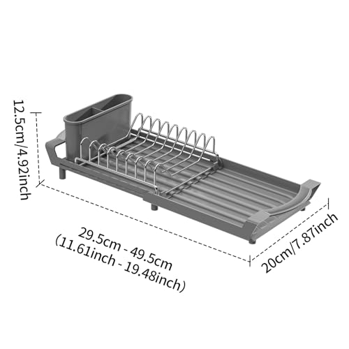 Expandable Dish Drying Rack for Sink or Countertop – Compact Stainless Steel Dish Drainer with Removable Utensil Holder, Rustproof Plate Rack for Small Kitchen Spaces, Grey