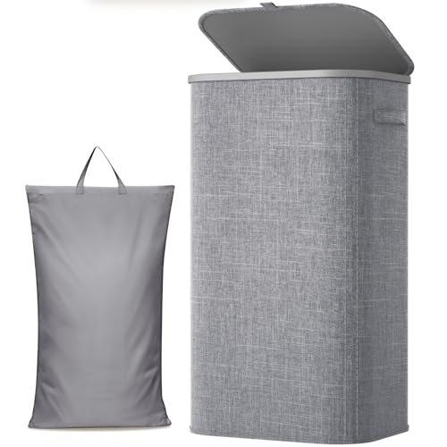 Lifewit 105L Large Laundry Basket with Lid, Laundry Hamper with Plastic Handles and Removable Bag, Foldable Tall Dirty Clothes Hampers for Laundry for Laundry Room, Bedroom, Bathroom, Dorm, Light Gray - color: Light Gray, size: 105L
