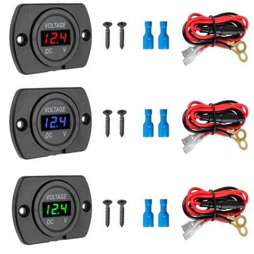 3 Pack DC 12V 24V Waterproof Car Voltmeter with LED Digital Display Panel and Mounting Plate Round Voltage Gauge Meter with Terminal for Boat Marine Motorcycle Truck(Red Green Blue Light) - color: Blue Green Red