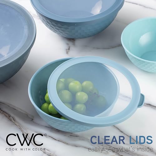 COOK WITH COLOR Mixing Bowls with Lids - 12 Piece Plastic Nesting Bowls Set includes 6 Prep Bowls and 6 Lids, Microwave Safe Mixing Bowl Set, Blue Embossed - color: Blue Embossed