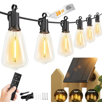 Brightown 38FT Solar String Lights Outdoor Waterproof with Remote, 15+1 LED Shatterproof Bulbs, Dimmable & Timable, 3 Light Modes - Commercial Grade Patio Lights for Garden Backyard Party Decor - size: 38FT(15+1 Sockets)