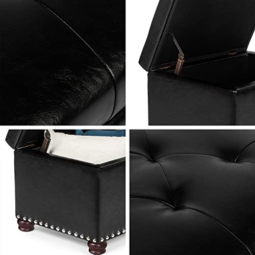 Leather Ottoman with Storage,24’’Foot Rest Ottomans with Hinged Lid Rectangle Upholstered Foot Stools Nailhead Trim for Living Room Bedroom,Black - color: Black