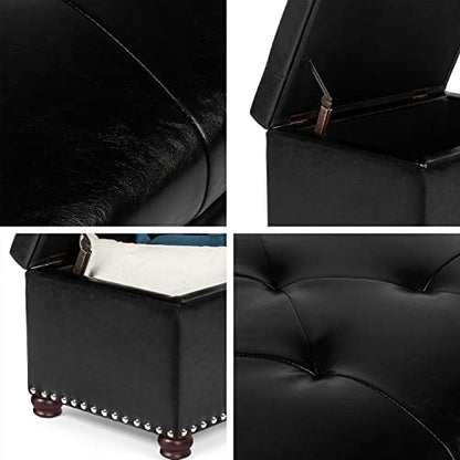 Leather Ottoman with Storage,24’’Foot Rest Ottomans with Hinged Lid Rectangle Upholstered Foot Stools Nailhead Trim for Living Room Bedroom,Black - color: Black