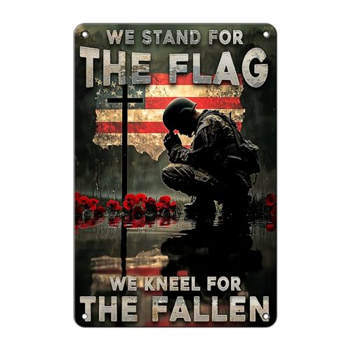 Memorial Day Metal Sign Soldier Veteran Day Decoration America Flag Art Decor We Stand For The Flag We Kneel For The Fallen Metal Plaque for Independence Day 12 * 8in - color: Vintage Metal Sign 01, size: 20X30cm(12*8in)