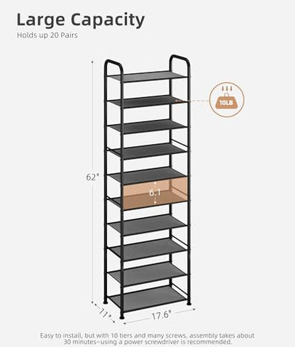 STORAGE MANIAC 10-Tier Tall Shoe Rack, 20 Pairs Narrow Slim Shoe Shelf, Metal Frame Shoes Stand for Small Space, Space-Saving Shoes Organizer, Vertical Shoes Tower for Garage, Entryway, Closet, Dorm