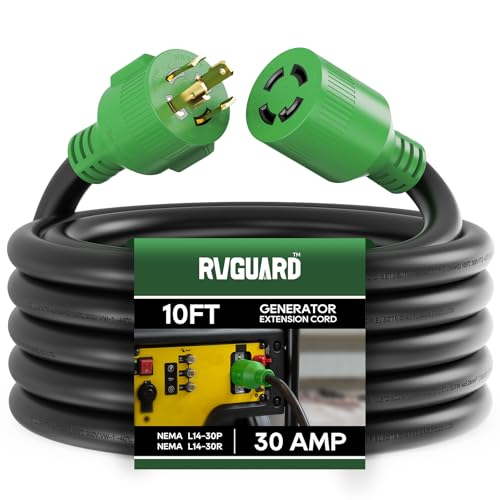 RVGUARD 4 Prong 30 Amp 10 Foot Generator Extension Cord, NEMA L14-30P/L14-30R, 125/250V Up to 7500W 10 Gauge SJTW Generator Cord, ETL Listed - size: 10FT