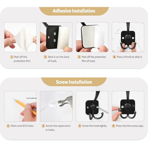 VIS'V Coat Hooks Wall Mount, Metal Self Adhesive 3 Prong Coat Hanger Hooks for Entryway Doorway, 2 Mount Options, Black, 4 Pcs - color: Black