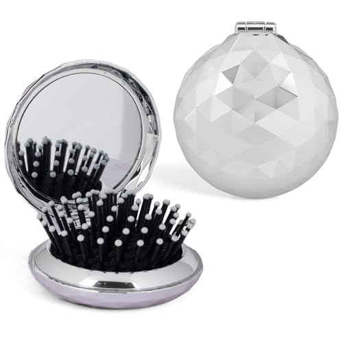 Iridescent Shell Folding Hair Brush with Mirror, Compact Travel Size Mermaid Hair Brush for Purse, Portable Brush Mini Pocket Mirror Massage Comb for Women (Diamond Silver) - color: Diamond Silver