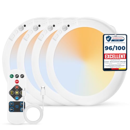 Combuh Battery Operated Ceiling Light Cordless Quick Magnetic Mounting, 7.48" Rechargeable Motion Sensor Lights for Shower Indoor Waterproof Renter Friendly No Wiring Lamp for Hallway Bedroom 4 Pack - color: 3CCT-White, size: 4 Pack