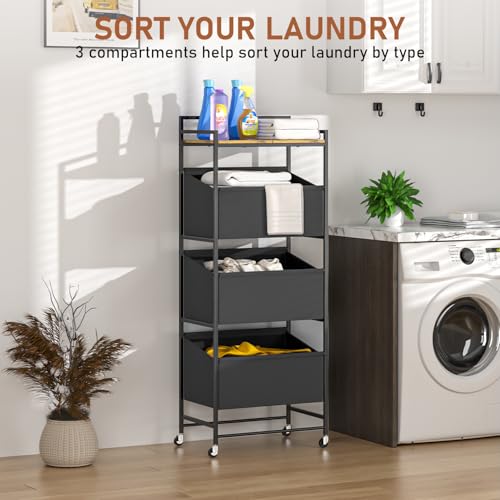 3-Tier Laundry Hamper Sorter with Wheels, 120L Vertical Rolling Laundry Basket Organizer Cart, 3 Section Laundry Sorter with Shelf for Small Space, Laundry Room, Bathroom, Bedroom, Dorm, Closet