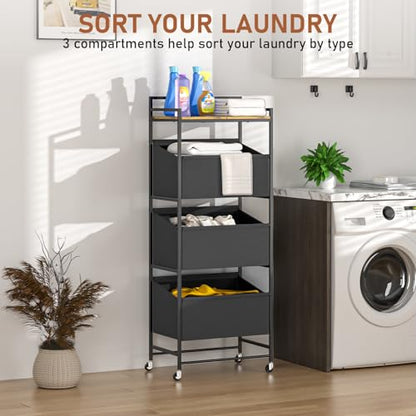 3-Tier Laundry Hamper Sorter with Wheels, 120L Vertical Rolling Laundry Basket Organizer Cart, 3 Section Laundry Sorter with Shelf for Small Space, Laundry Room, Bathroom, Bedroom, Dorm, Closet