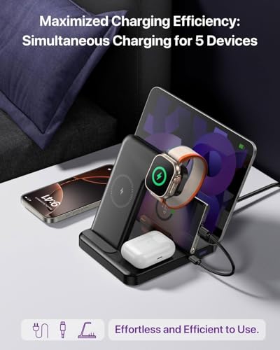 Multiple Devices Charging Station, 5-in-1 Charging Station for iPhone 17 Pro Max/Pro/Plus/16/15/14/13/12, iPad Pro/Air/Mini, Apple Watch and Airpods,Wireless Charging Dock(G805) (Lavender) - color: Lavender