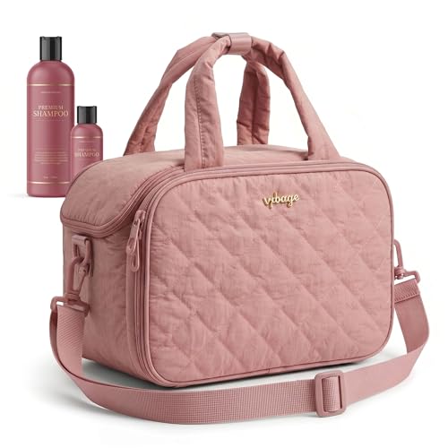 VPBAGE Large Quilted Toiletry Bag for Women, Puffy Travel Makeup Organizer with Removable Divider & Shoulder Strap, Waterproof Standing Cosmetic Case for Full-Size Toiletries, Gym, Vacation - color: Light Pink