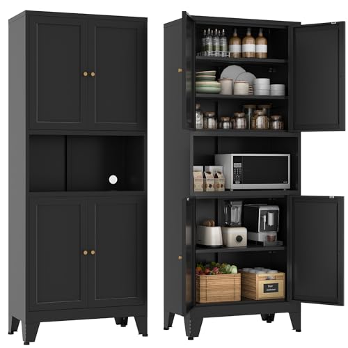 YAUWOH 69" Tall Metal Pantry Cabinet with Microwave Shelf, 4 Doors & 3 Adjustable Shelves, 120LBS Per Shelf Heavy Duty Storage Cabinet with Anti-Tip Design for Kitchen,Dining Room (1PC,Black) - color: Black, size: 69"H-4 Doors