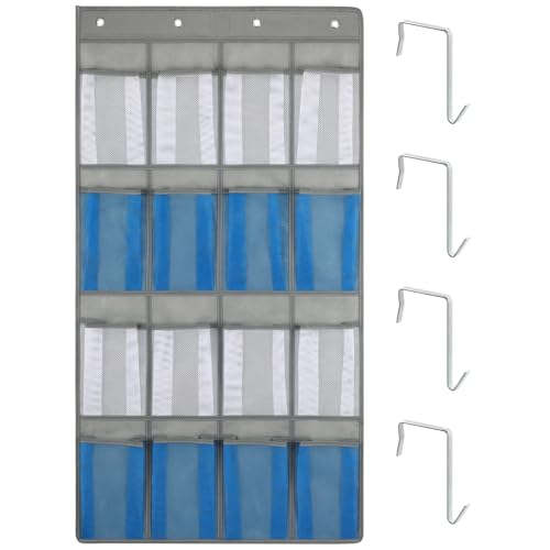 F-color 16-Pocket Hanging Organizer - Over the Door Shoe Organizer, Cruise Essentials for Cabin & RV, Breathable Mesh Storage Pockets, Space Saving Hanging Storage Holder with 4 Sturdy Metal Hooks - color: Grey (M, White&Blue Pockets), size: M - 16 Pocket