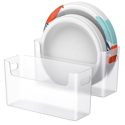 2Pcs Paper Plate Dispenser for 6-9.5 Inch Disposable Plates, Space-Saving Plastic, Foam and Paper Plate Storage Organizer for Cabinet, Countertop, RV or Outdoor (Transparent) - color: Transparent