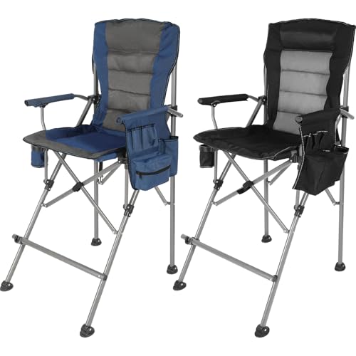 Extra Tall Folding Chairs for Adults 2 Pack, Portable Bar Height Foldable Director Chairs for Camping Outside, Comfortable with Makeup PocketHigh Back and Footrest, Blue and Black - color: Blue+black