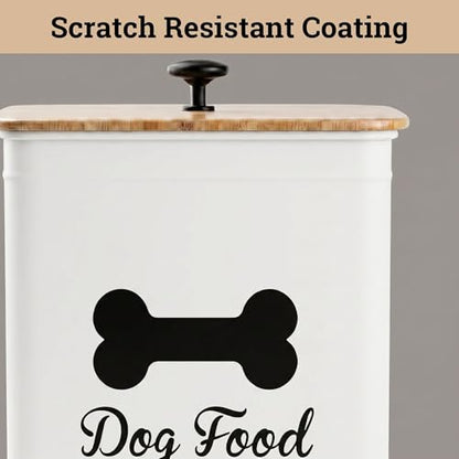 Dog Food Container Airtight 5-7 lb (25 Cup) Capacity - Cute Airtight Dog Food Storage Container with Bamboo Lid & Sturdy Metal Handle - White Metal Kibble Storage Bin for Dogs up to 50 lbs - Pet Jar - color: White