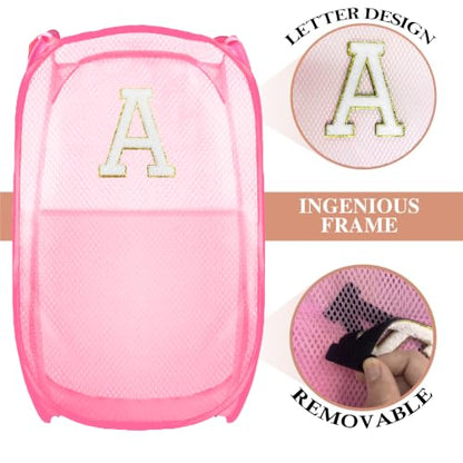 Collapsible Pop Up Laundry Hamper, Extra Large with Removable Initial Letter A, Mesh Foldable Laundry Basket, 28" x 16" x 16" (Pink) - color: 1P PinkA