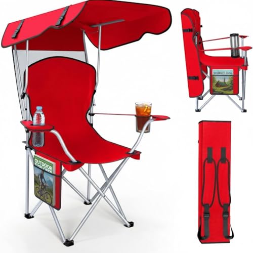 Portable Folding Camping Chairs with Canopy Shade, Beach Chair for Adults, Durable Weather Resistant 600D Oxford Cloth, Camping Chair with Canopy for Outdoors [Red] - color: Upgraded - Red