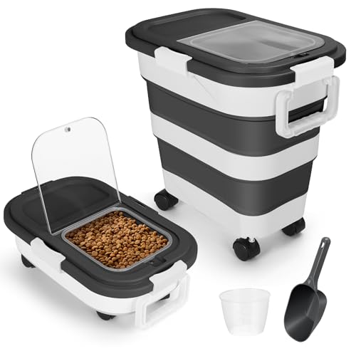ShineMe Dog Food Storage Container, 30 Lbs Collapsible Food Storage Containers with Rolling Wheel Airtight Locking Lid, Cat Foods Bin with Cup and Scoop, Suitable for Pet Snack, Rice, Flour (Black) - color: 30 Lbs Black