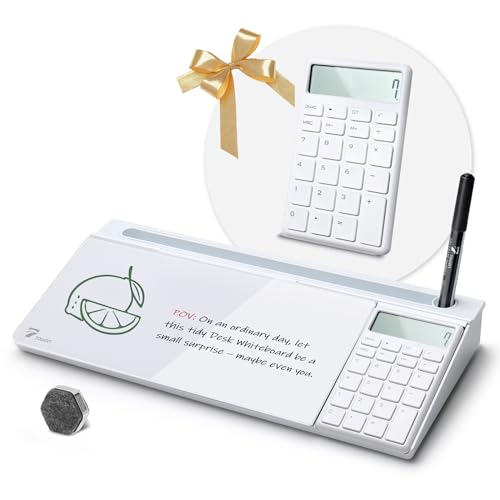 TOWON Desktop Glass Whiteboard with Basic Calculator, 12 Digit LCD Display, Desk Organizers with Accessories for Office, Home, School Supplies, Storage with Dry Erase Board Surface, White, 18'' x 6'' - color: White Calculator