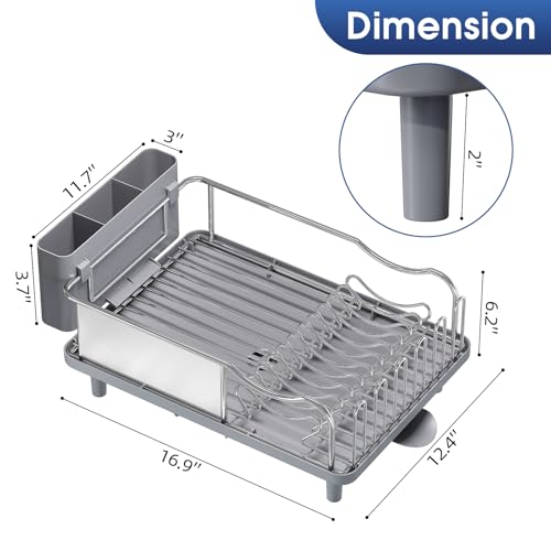 Urackify Stainless Steel Dish Drying Rack - Large Capacity Kitchen Counter Organizer with Drain Board, Utensil Holder & Detachable Cup Shelf, 304 Surgical-Grade Rust-Proof Dish Drainer, Easy Assembly - color: Gray