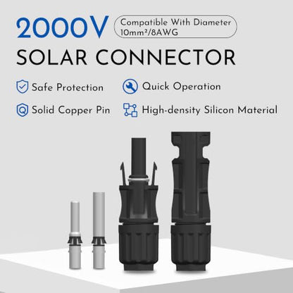 8AWG Solar Connectors IP68 Waterproof 2000V 70A Solid Tinned Copper Terminal Black 5 Pairs for Solar PV Panel Cable(6mm²) - size: 2000V 8AWG Solar Connectors
