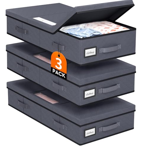 StoreHappily Under Bed Storage Containers with Lids - 3 Pack, Foldable and Stackable Clothes Storage Bags with Clear Window, 3-Sided Handles and Label Slot for Clothing, Blankets, Pillows (Grey) - color: Grey, size: 3 Pack