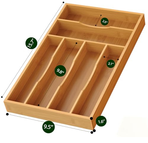 Bamboo Silverware Organizer, Bamboo Kitchen Drawer Cutlery Organizer, Utensil Holder, Flatware Organizer Tray (15.8"x9.5"x1.6") - size: Medium
