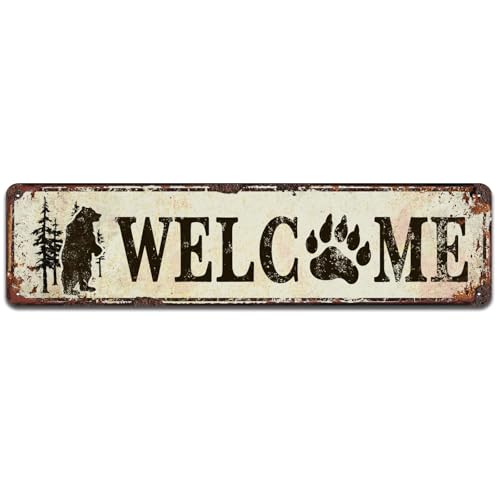 Bear Silhouette Metal Wall Art Decor, Rustic Cabin Hunting Bear Paw Decorations, Forest Wilderness Wall Decor for Bathroom, Living Room, Bedroom, Vintage Tin Signs 4 x 16 Inch - color: V-152