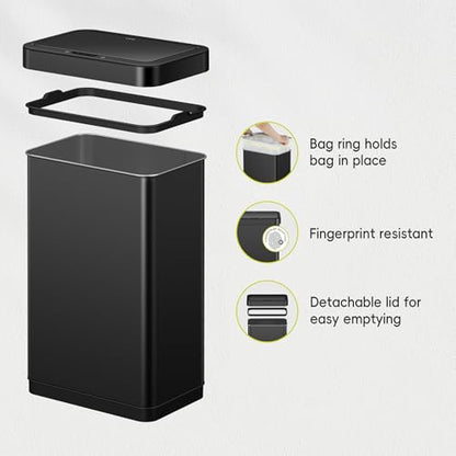 EKO EcoNova 13.2 Gallon/ 50L Automatic Sensor Kitchen Trash Can, Stainless Steel Touchless Garbage Bin with Soft-Close &Stay-Open Lid, Fingerprint-Resistant, Matte Black - size: Nova 50L- Matte Black