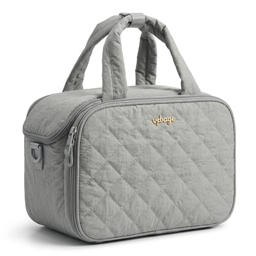 VPBAGE Large Quilted Toiletry Bag for Women, Puffy Travel Makeup Organizer with Removable Divider & Shoulder Strap, Waterproof Standing Cosmetic Case for Full-Size Toiletries, Gym, Vacation - color: Light Gray