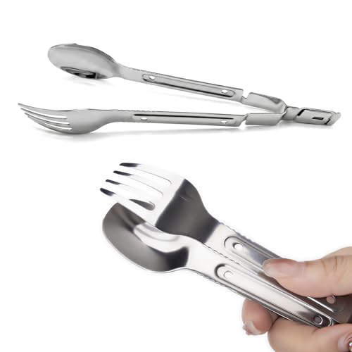 3-in-1 Camping Utensil Set with Spoon, Fork, Stainless Steel, Combining a Spoon and Fork into Portable Cooking Tongs, Lightweight Suitable for Campers, Hikers, and Explorers (2 Pack) - size: 2PK