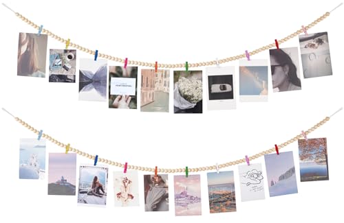 Mkono Hanging Photo Display with Clips, Boho Wooden Bead Garland Banner, Collage Card Picture Kids Art Holder String with 10 Clips for Christmas Bedroom Dorm Decor, Teen Girl Gifts, Mutil, 2 Pack - color: Mutil