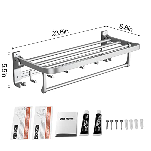 VOLPONE 24 Inch Towel Rack with Towel Bar Holder Foldable Towel Shelf with Movable Hooks Rustproof Towel Storage Wall Mount for Bathroom Lavatory Silver - color: Silver