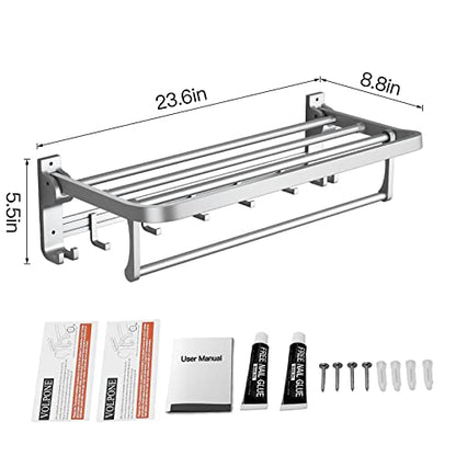 VOLPONE 24 Inch Towel Rack with Towel Bar Holder Foldable Towel Shelf with Movable Hooks Rustproof Towel Storage Wall Mount for Bathroom Lavatory Silver - color: Silver