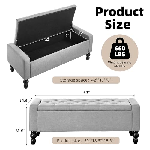 50" W Storage Ottoman Bench with Safety Hinge, Load up to 660 lb Ottoman with Storage, Upholstered Tufted Entryway Bench with Seating for Living Room, Bedroom, Light Gray - color: Light Gray